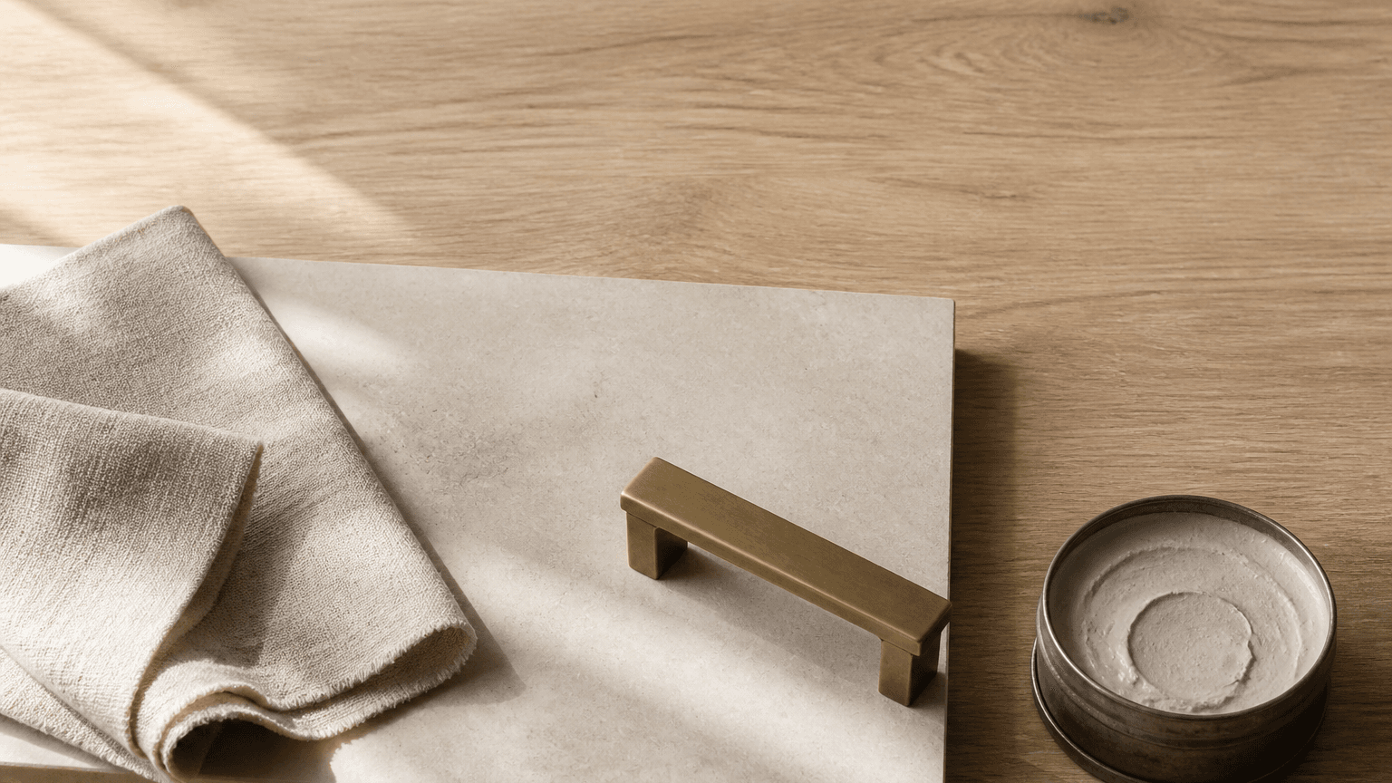 Close study of the project palette: limewashed plaster, white oak, honed stone and natural linen