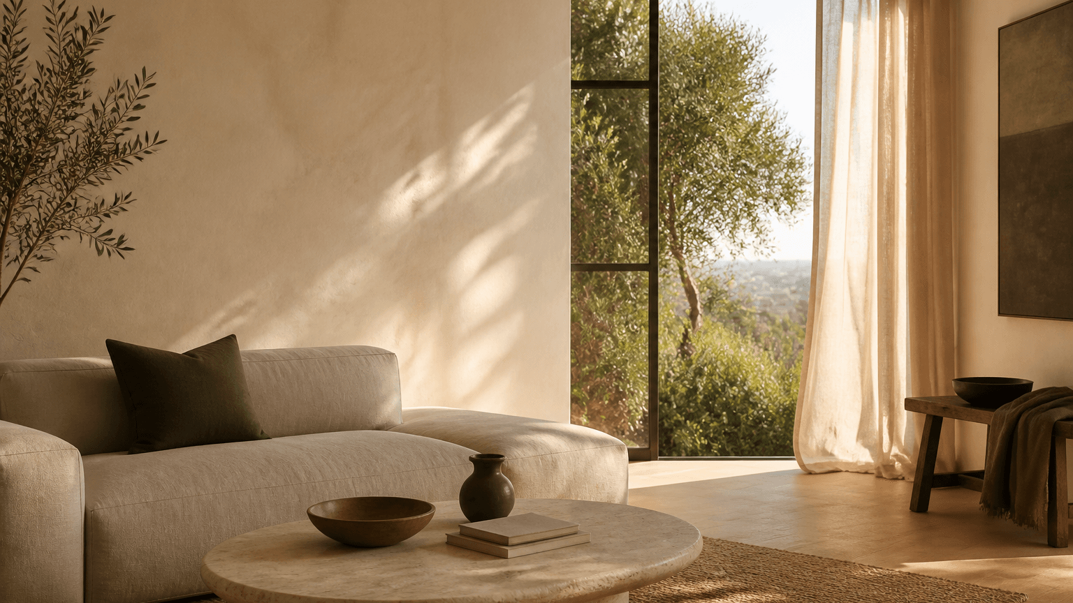 Sunlit Los Angeles living room with plaster walls, wide oak floors, stone hearth and linen seating